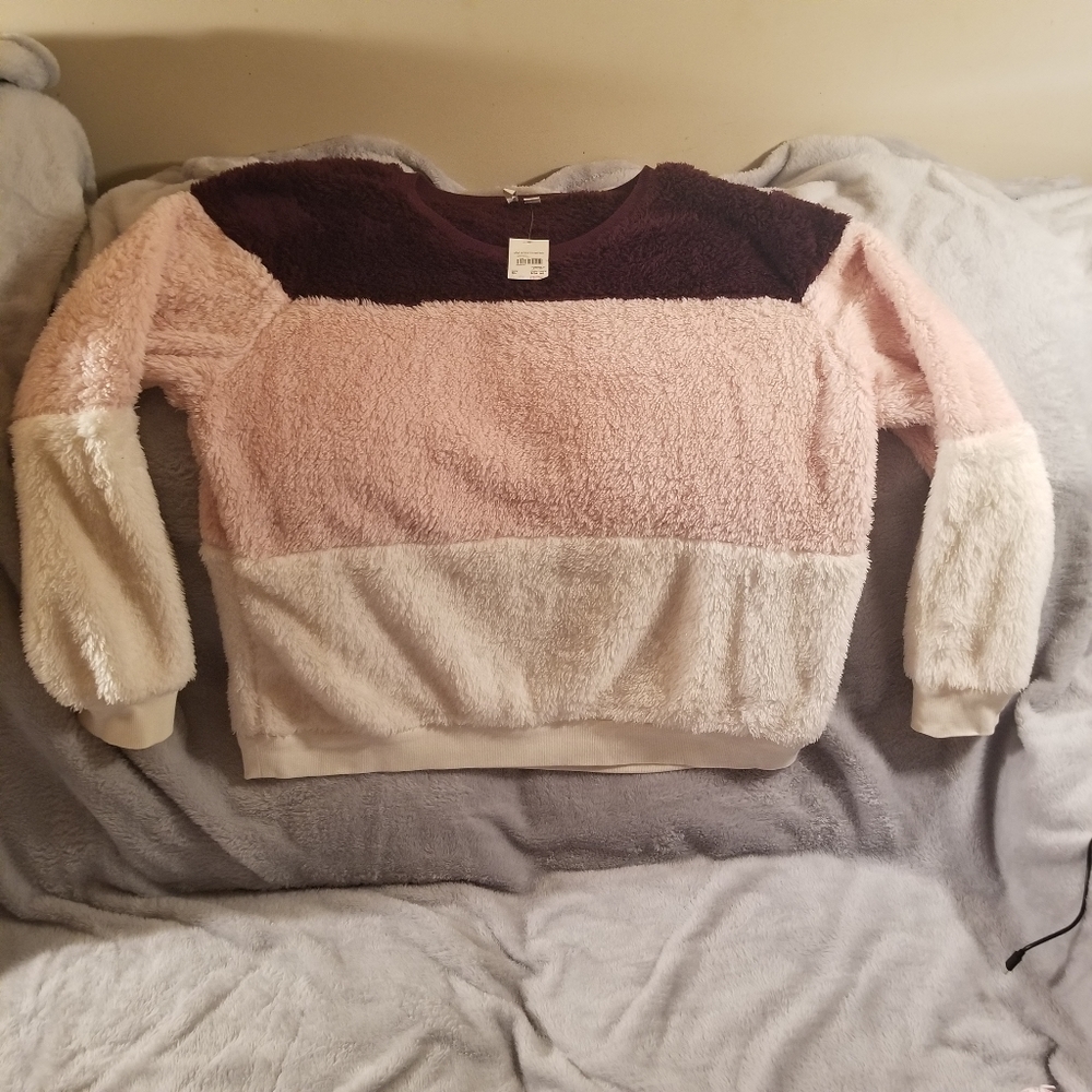 Cato color block long sleeve fuzzy sweater XL, ivory,pink,burgundy